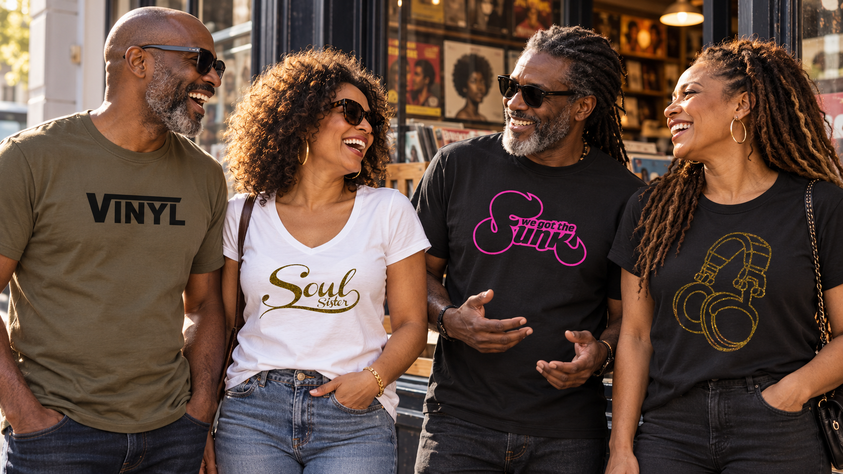 Friends wearing Vinyl, We Got The Funk, Headphones and Soul Sister designs outside a record shop
