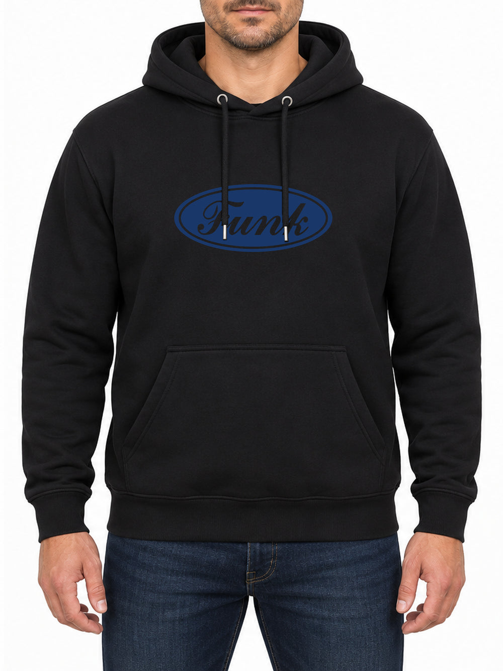 Funk Badge — Deep Black hoodie, front print