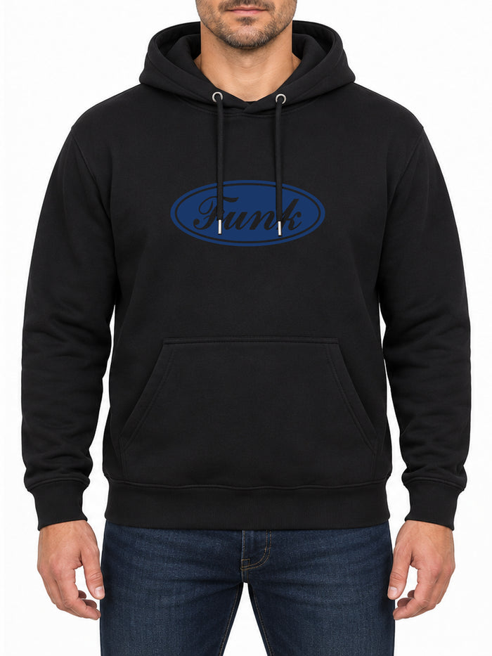 Funk Badge — Deep Black hoodie, front print