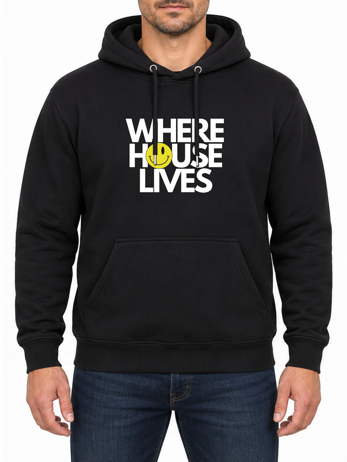 Where House Lives — Deep Black hoodie, front print