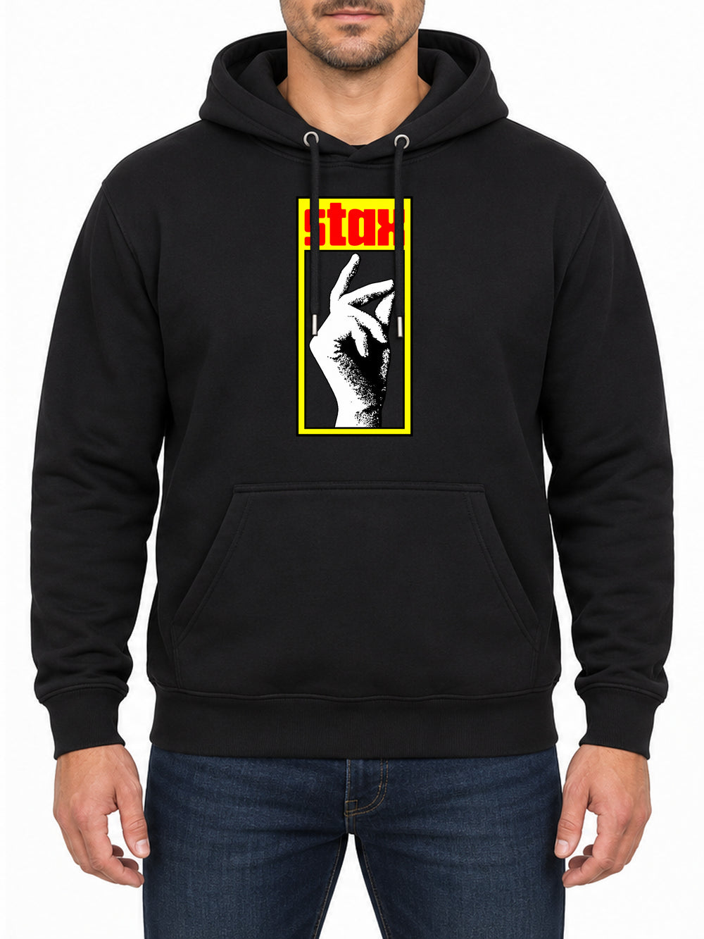 STAX — Deep Black hoodie, front print