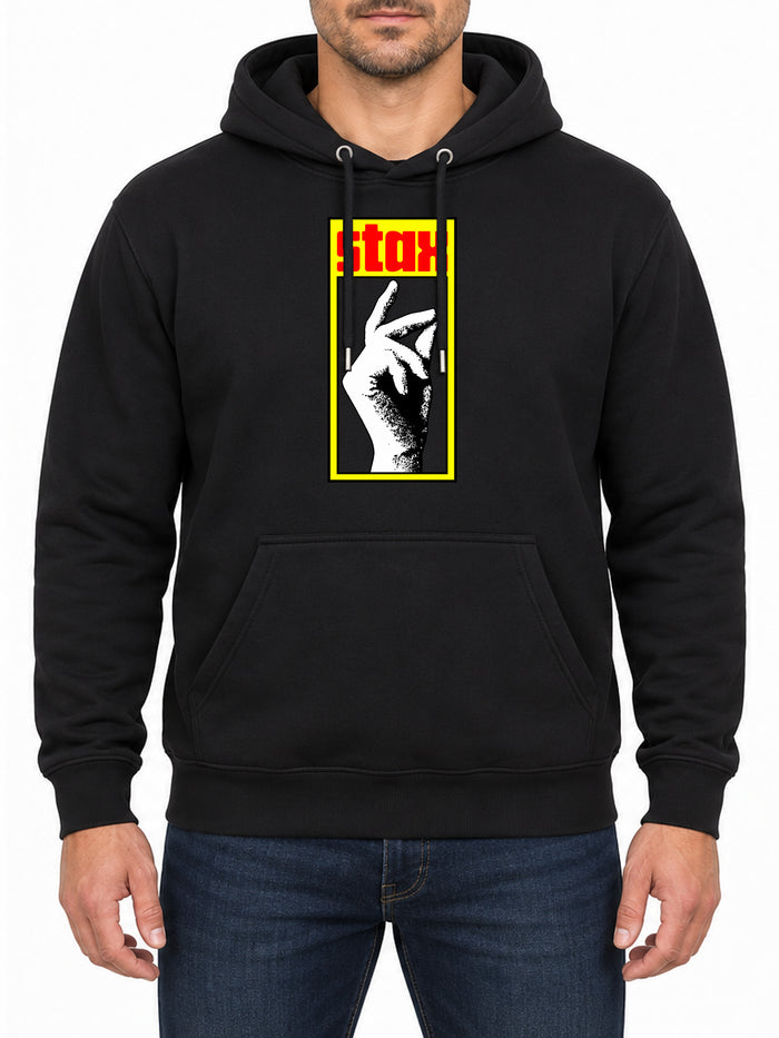 STAX — Deep Black hoodie, front print