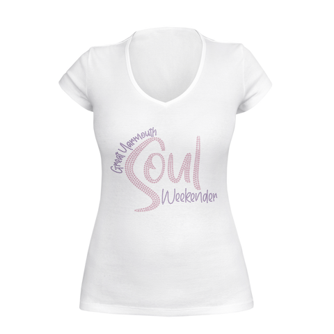 Soul Weekender Diamante Women's White V-Neck T-Shirt