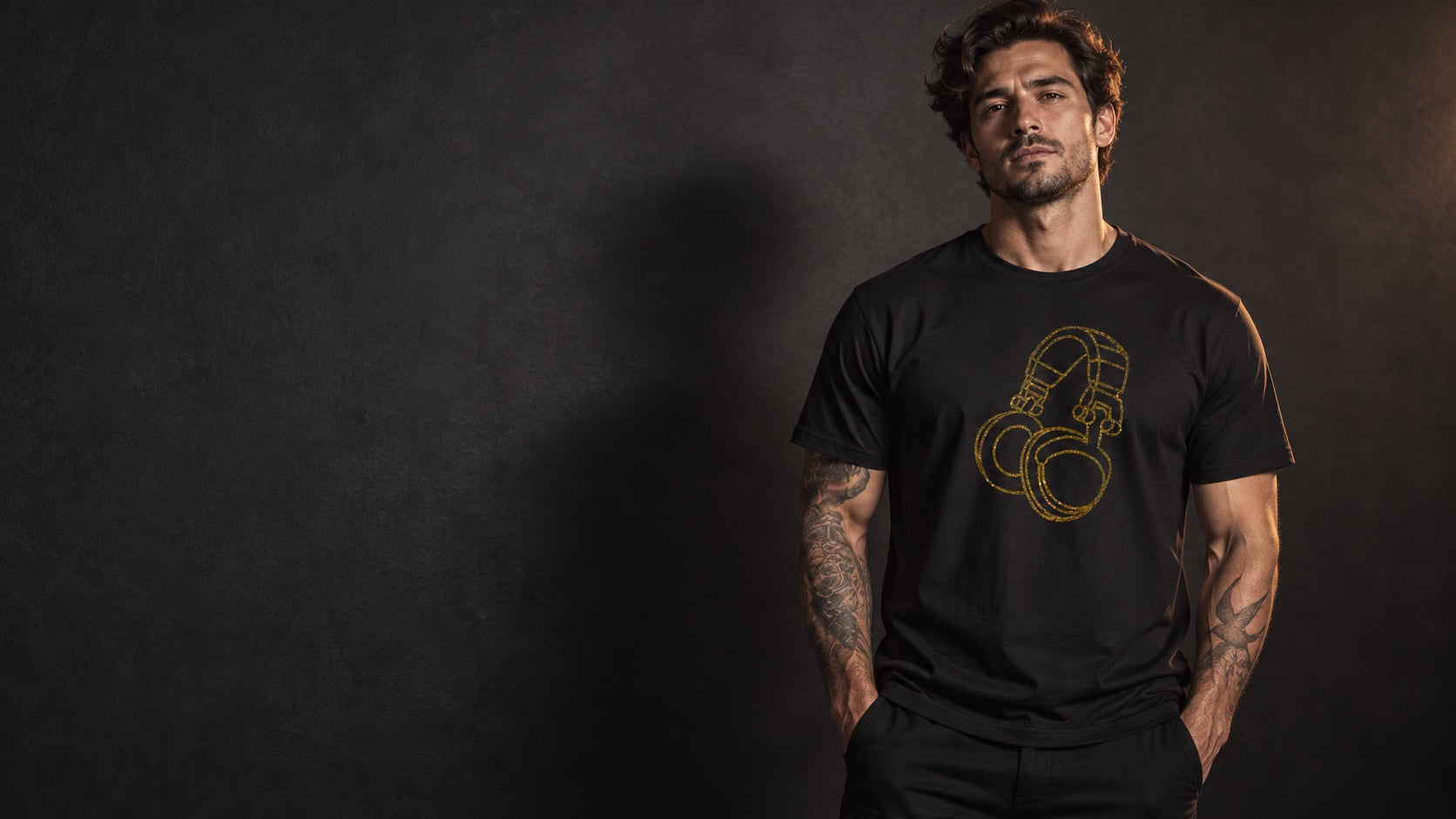 Black T-shirt with the gold Headphones design