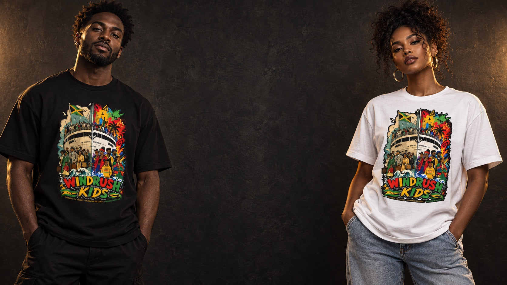 Two models wearing black and white Windrush Kids T-shirts