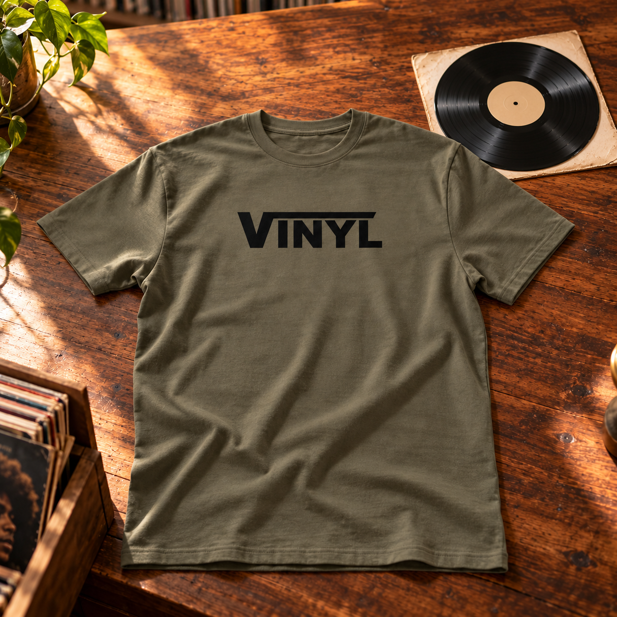 Olive Vinyl T-shirt on a walnut record-shop counter with a vinyl record
