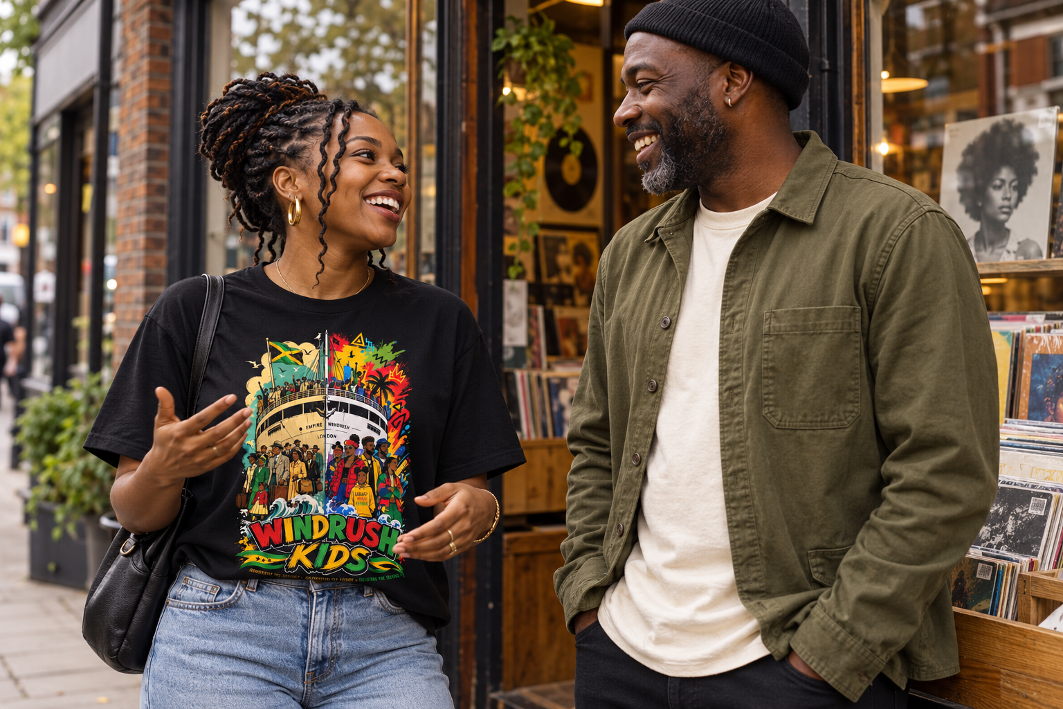 Friends outside a record shop, with the black Windrush Kids T-shirt