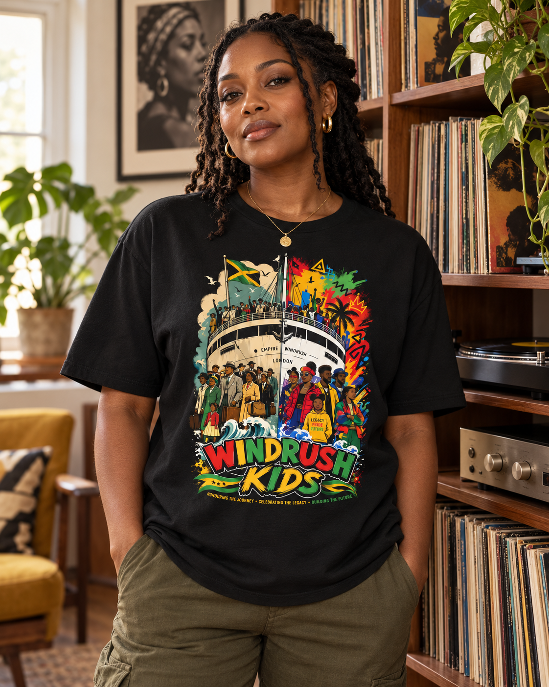Woman wearing the black Windrush Kids T-shirt beside records in a listening room