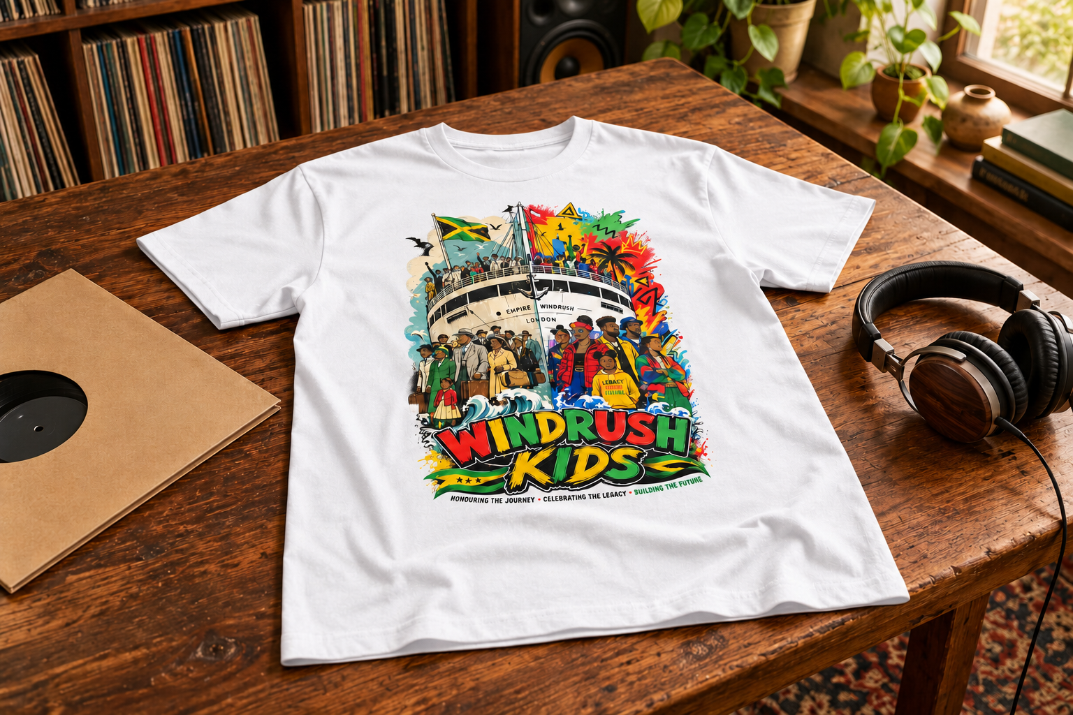 White Windrush Kids T-shirt laid on a wooden table beside a record and headphones